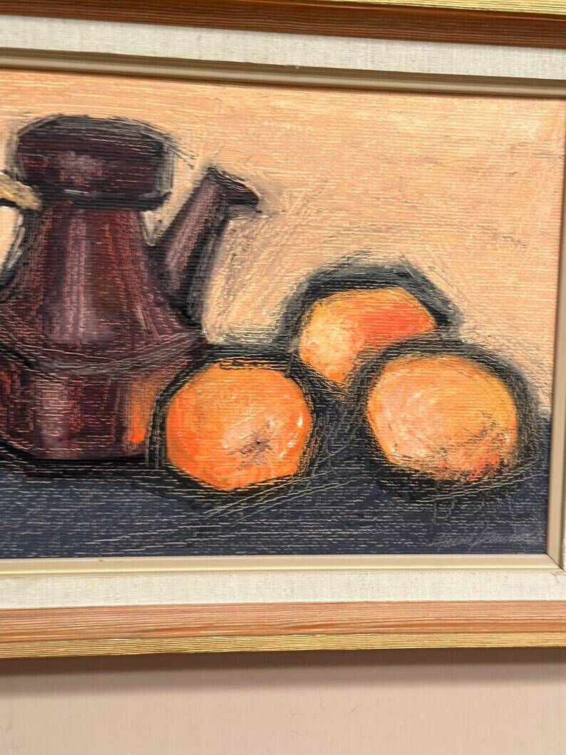Original Swedish Oil on Panel – "Kattle and Oranges" by Herald – Signed – Dated 1966 – Framed Vintage Piece