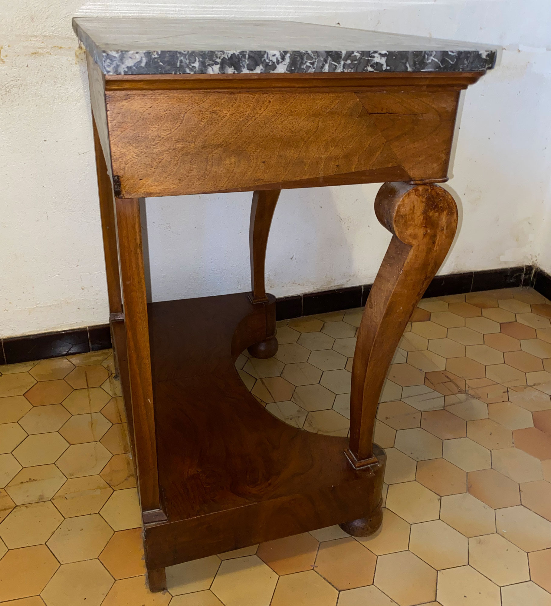 Walnut console and marble restoration tray