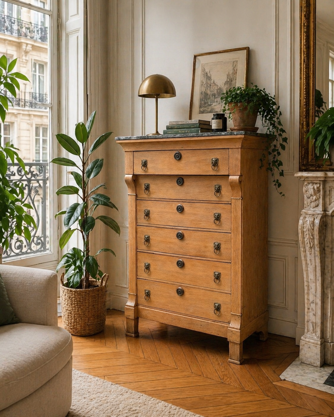 Empire high chest of drawers in solid raw oak