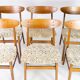 Set of six dining room chairs in teak and upholstered with light fabric, of danish design, 1960S