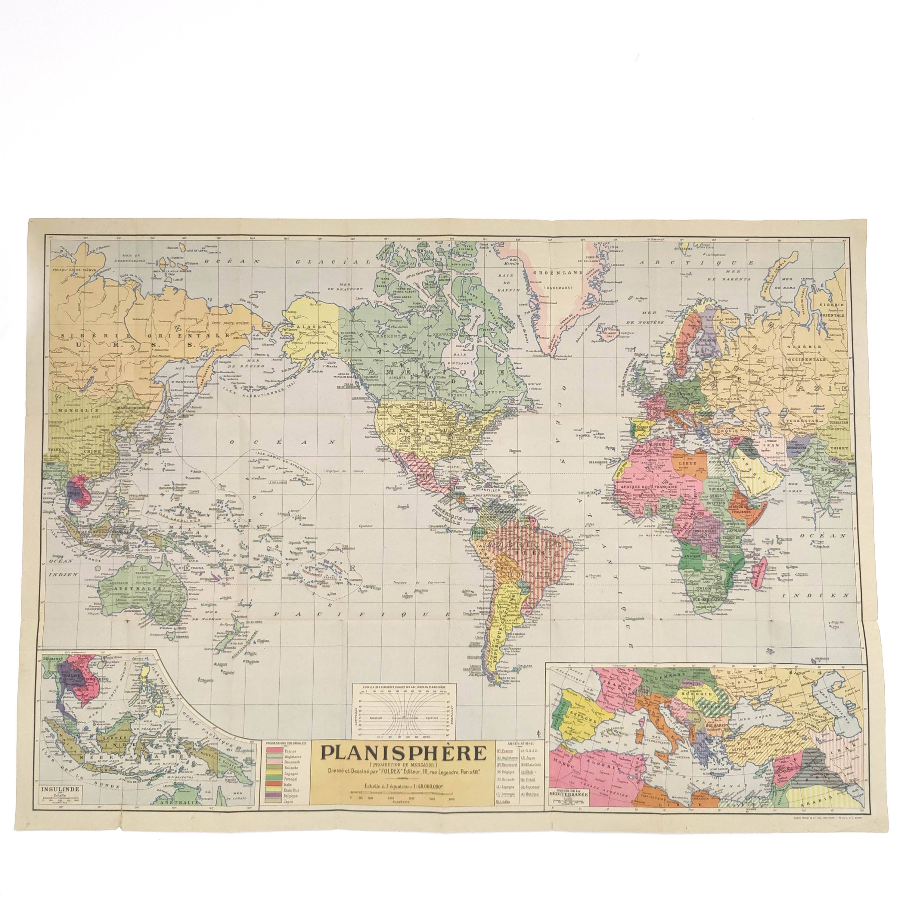 Large planisphere world map 105 by 74cm