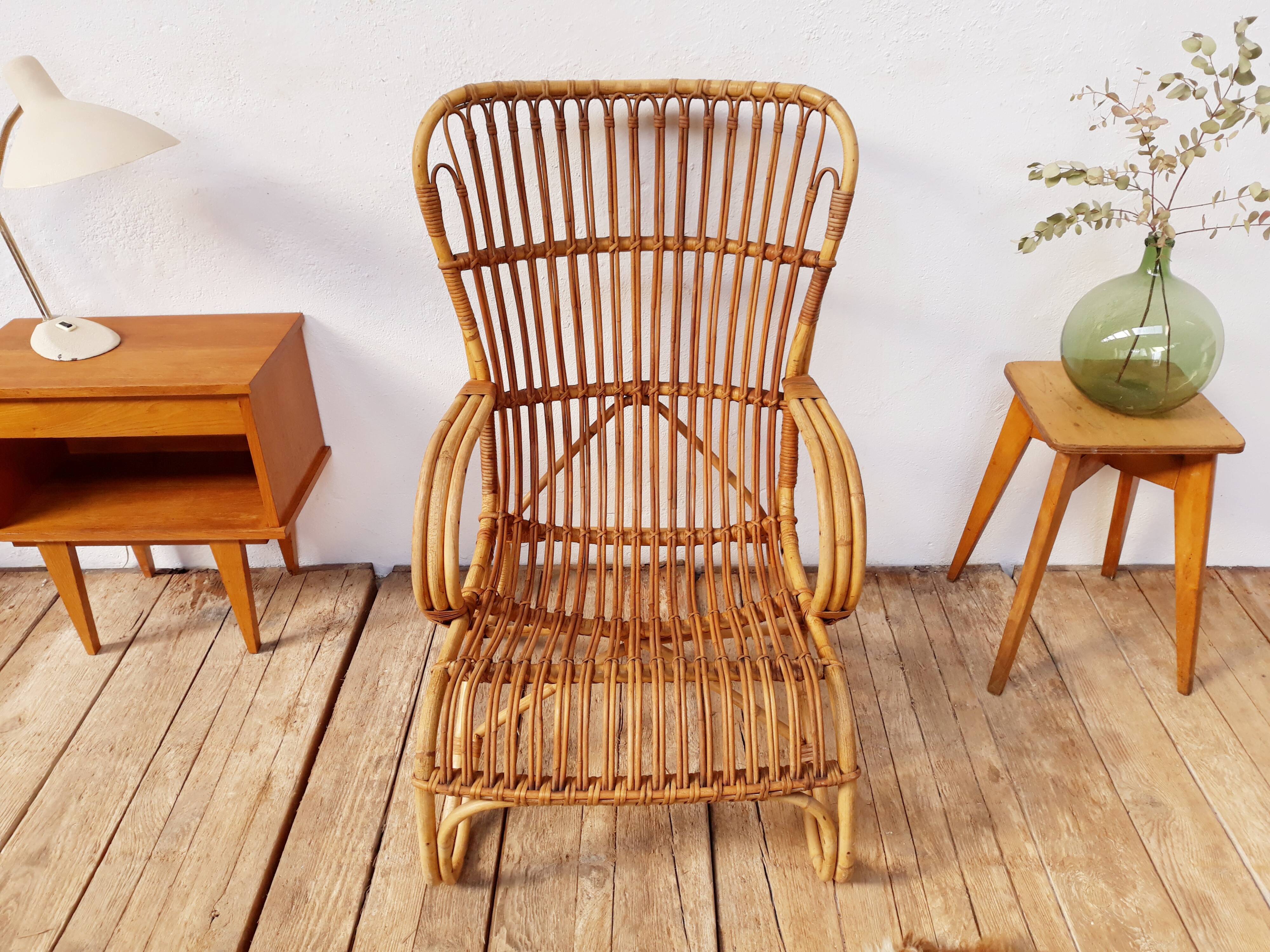 Louis Sognot vintage rattan armchair