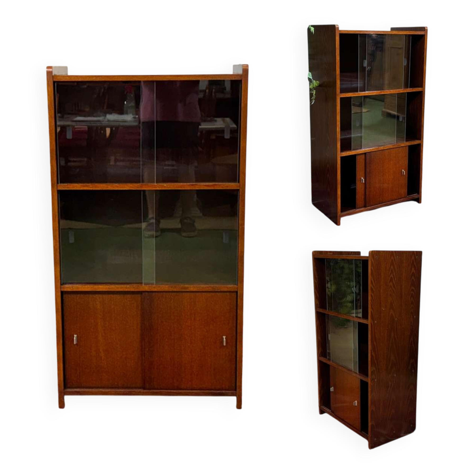 Small English oak library from the 1960s with sliding doors.
