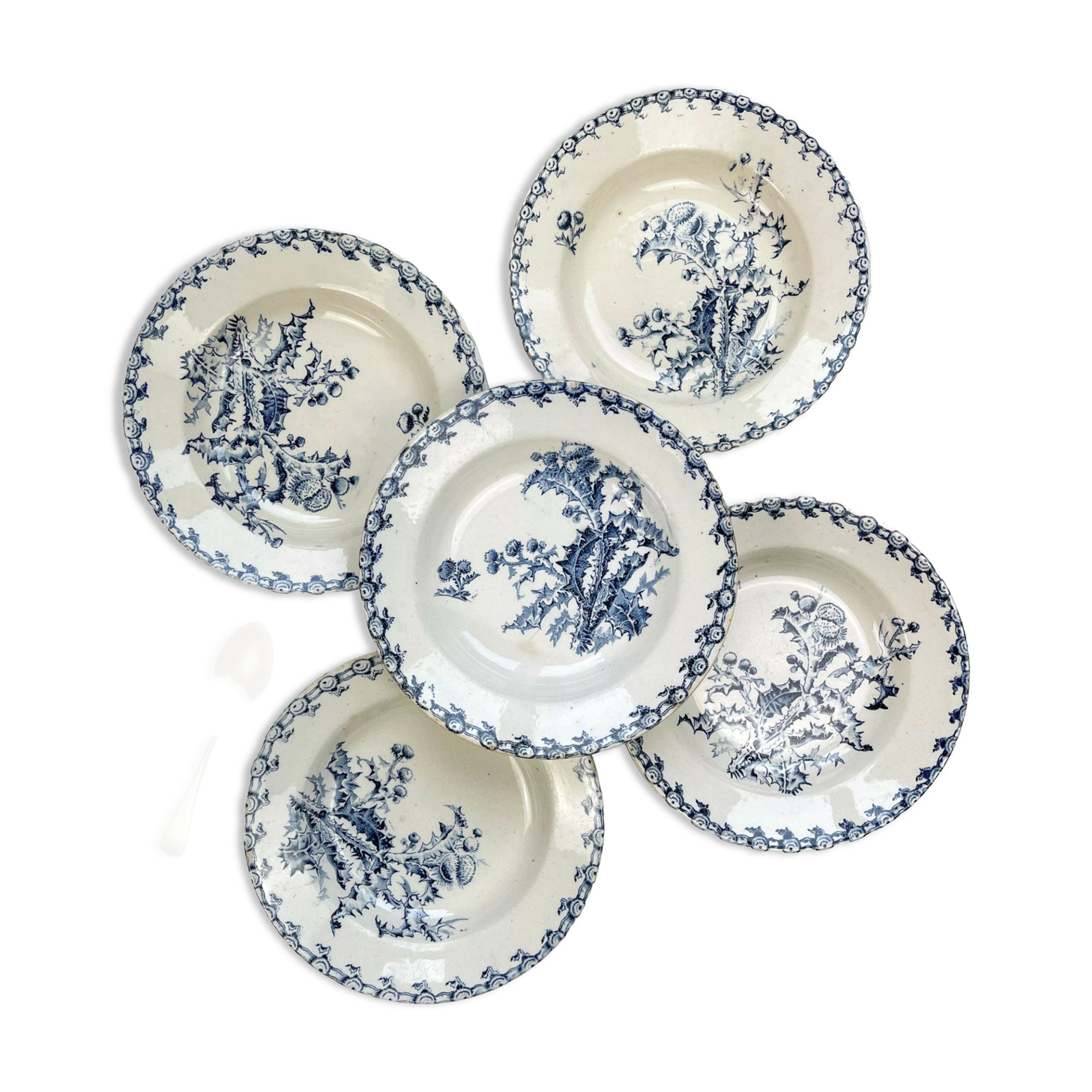 5 assiettes creuses terre de fer gien modèle chardons made in france
