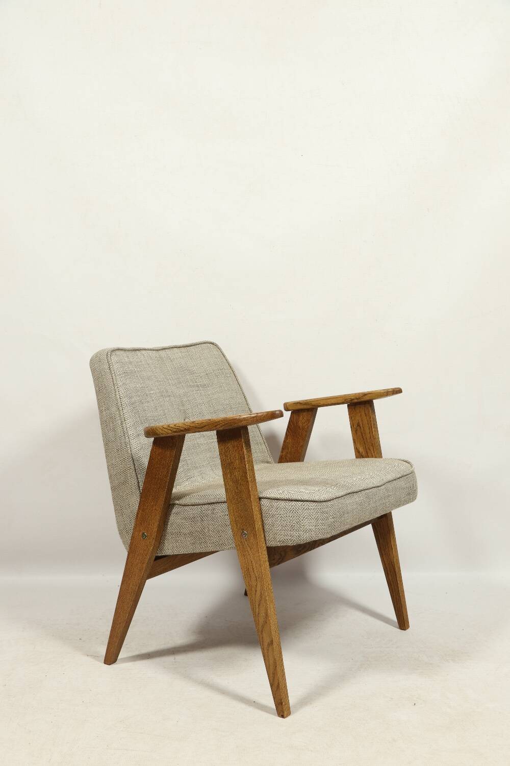 Vintage armchair in natural rustic oak wood herringbone fabric modern design by Chierovsky