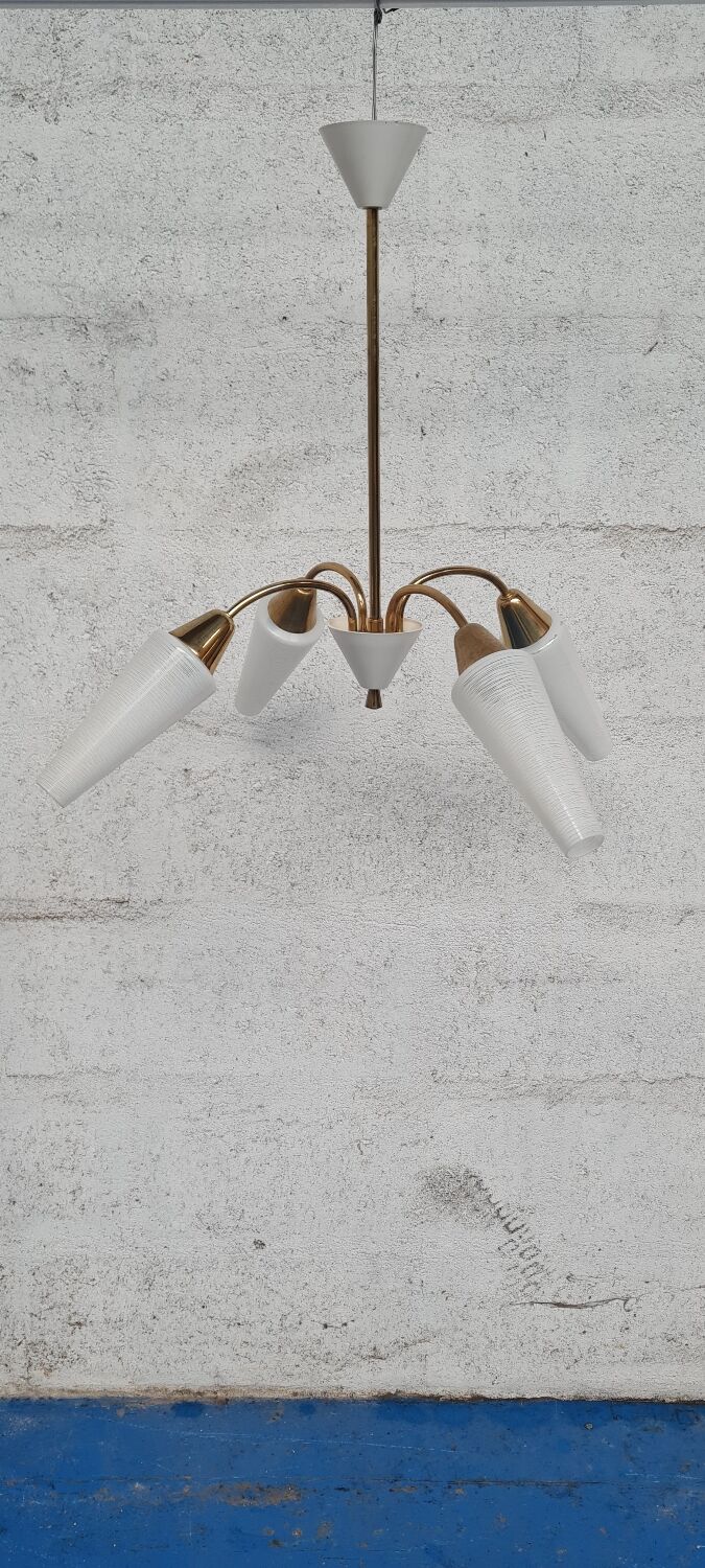 Brass and white opaline chandelier