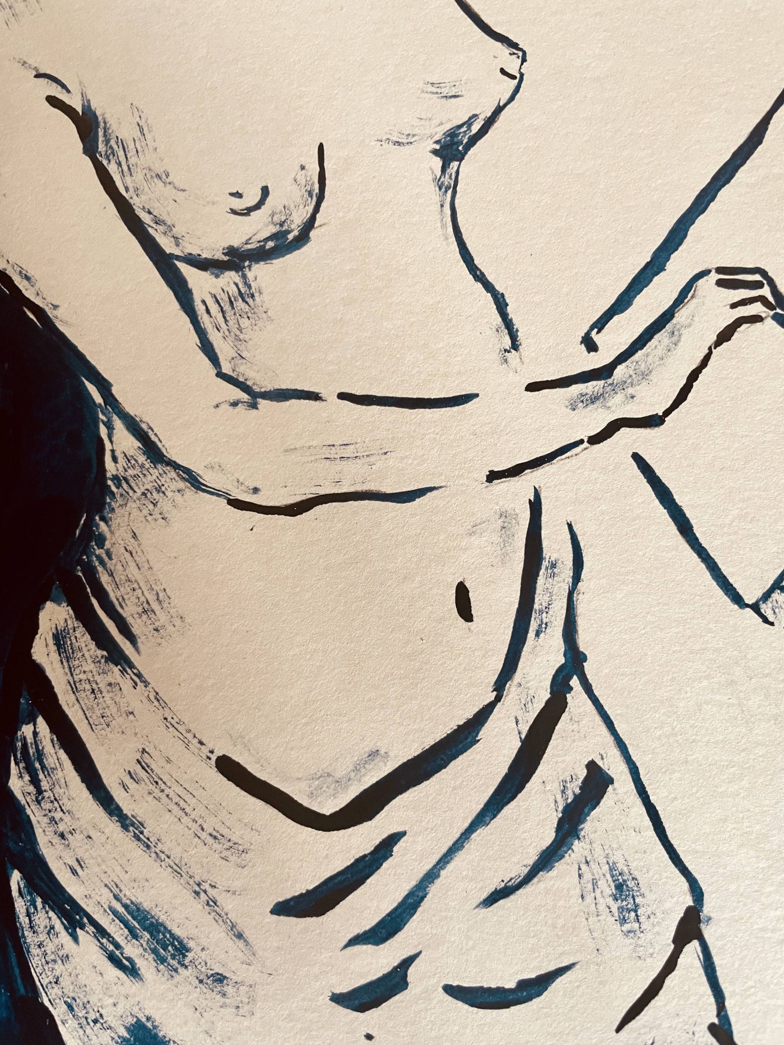 Painting in indigo blue "female model drawing in the studio"