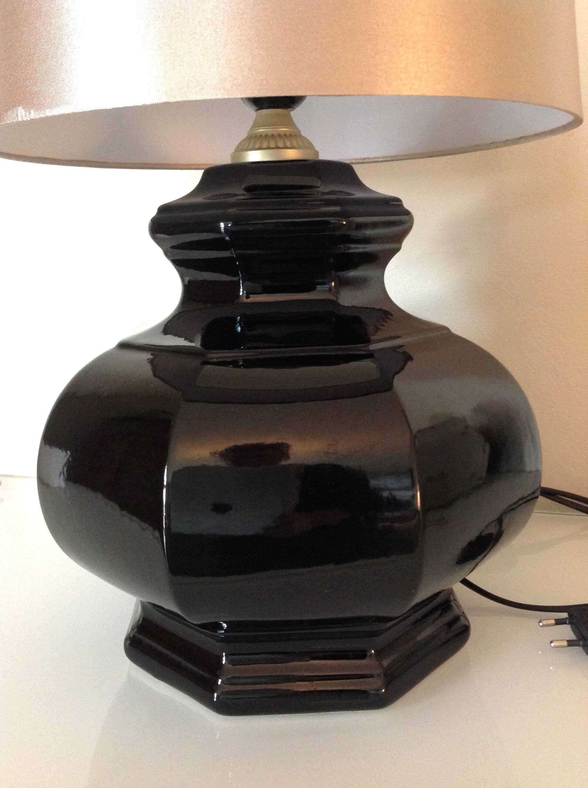 Octagonal black ceramic lamp and gold lampshade / vintage 70s