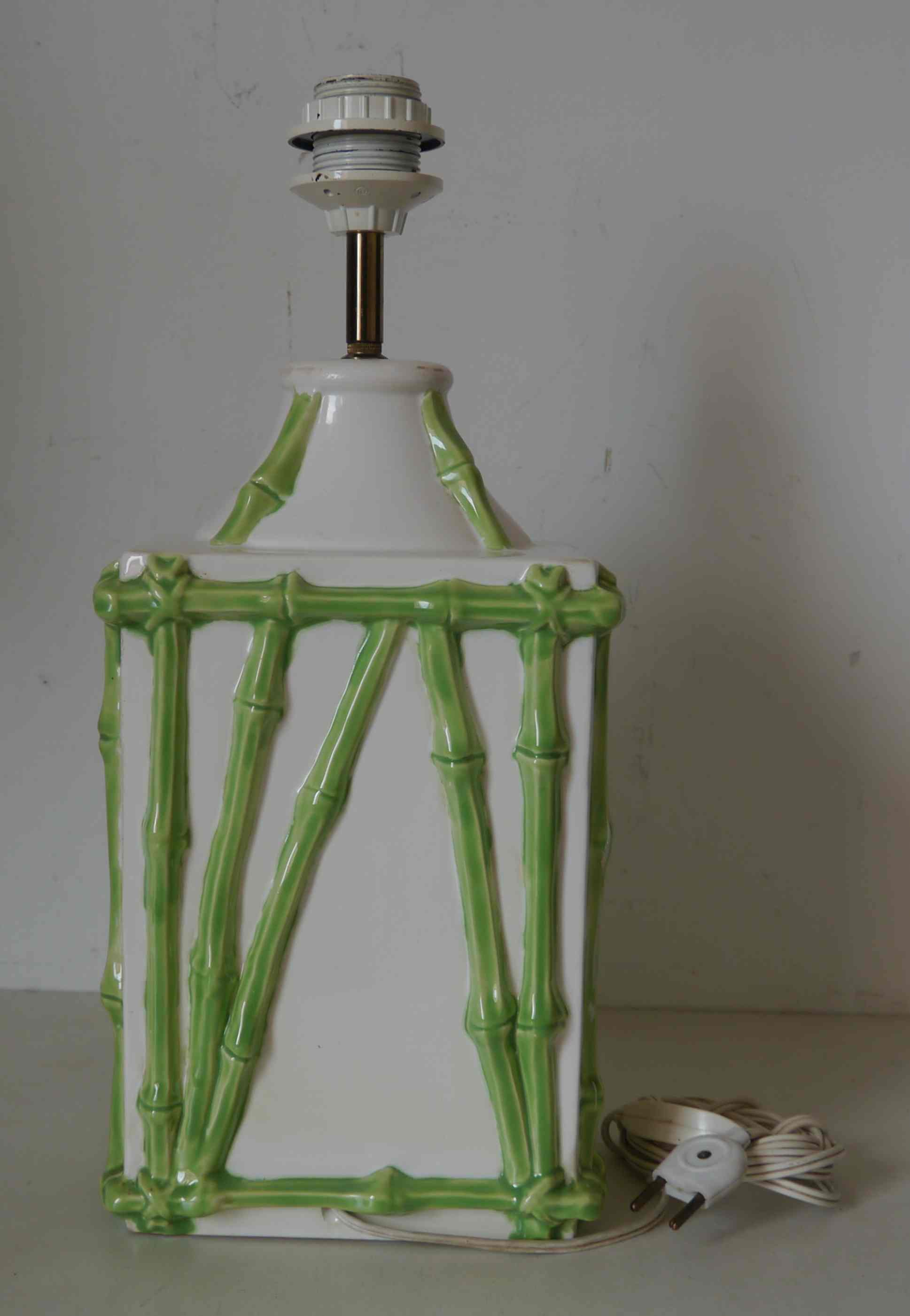 Old vintage lamp base bamboo decoration "Faience of Rodez"