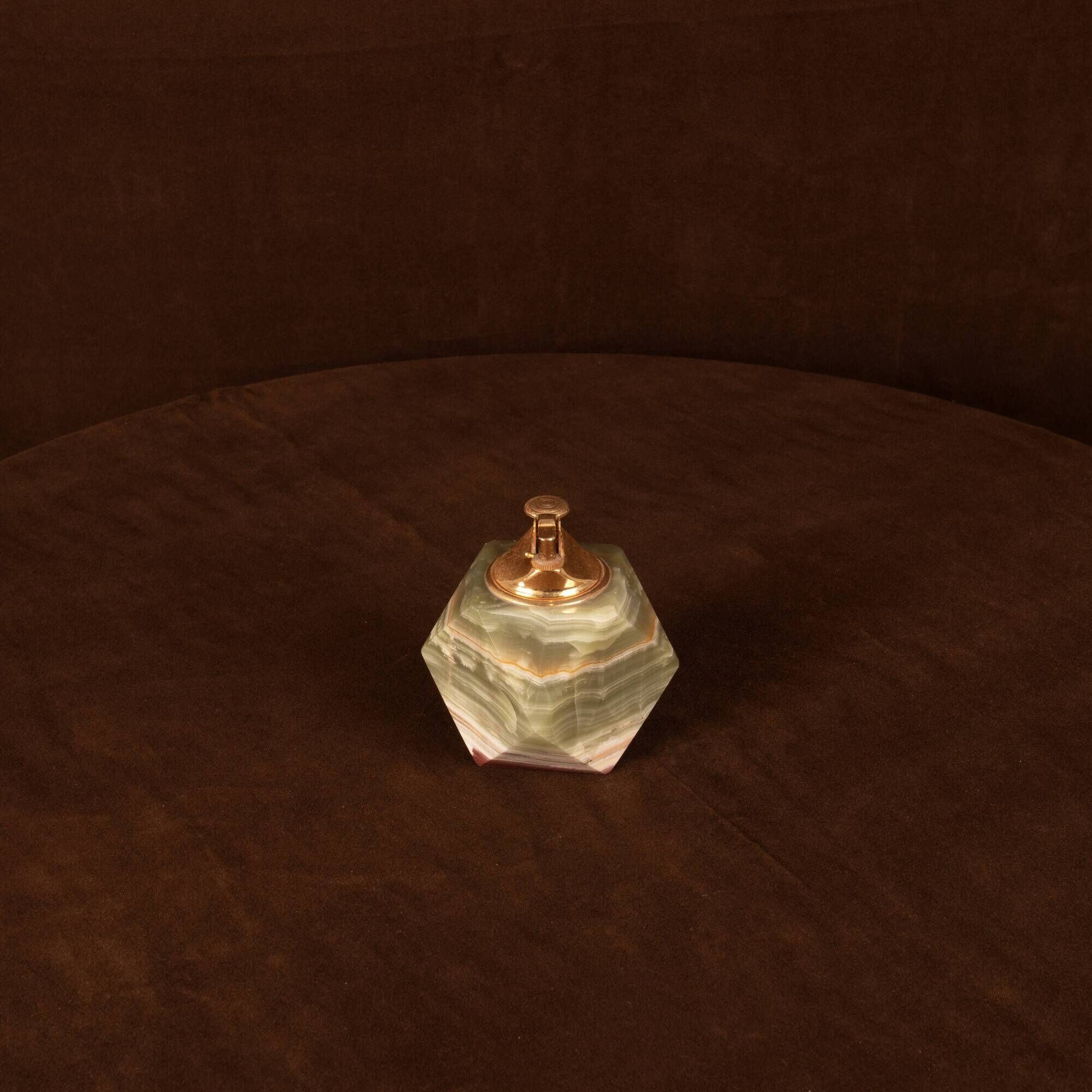 Italian Geometric Green Onyx and Brass Table Lighter, 1970