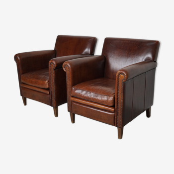 Vintage dutch cognac leather club chairs art deco style, set of 2