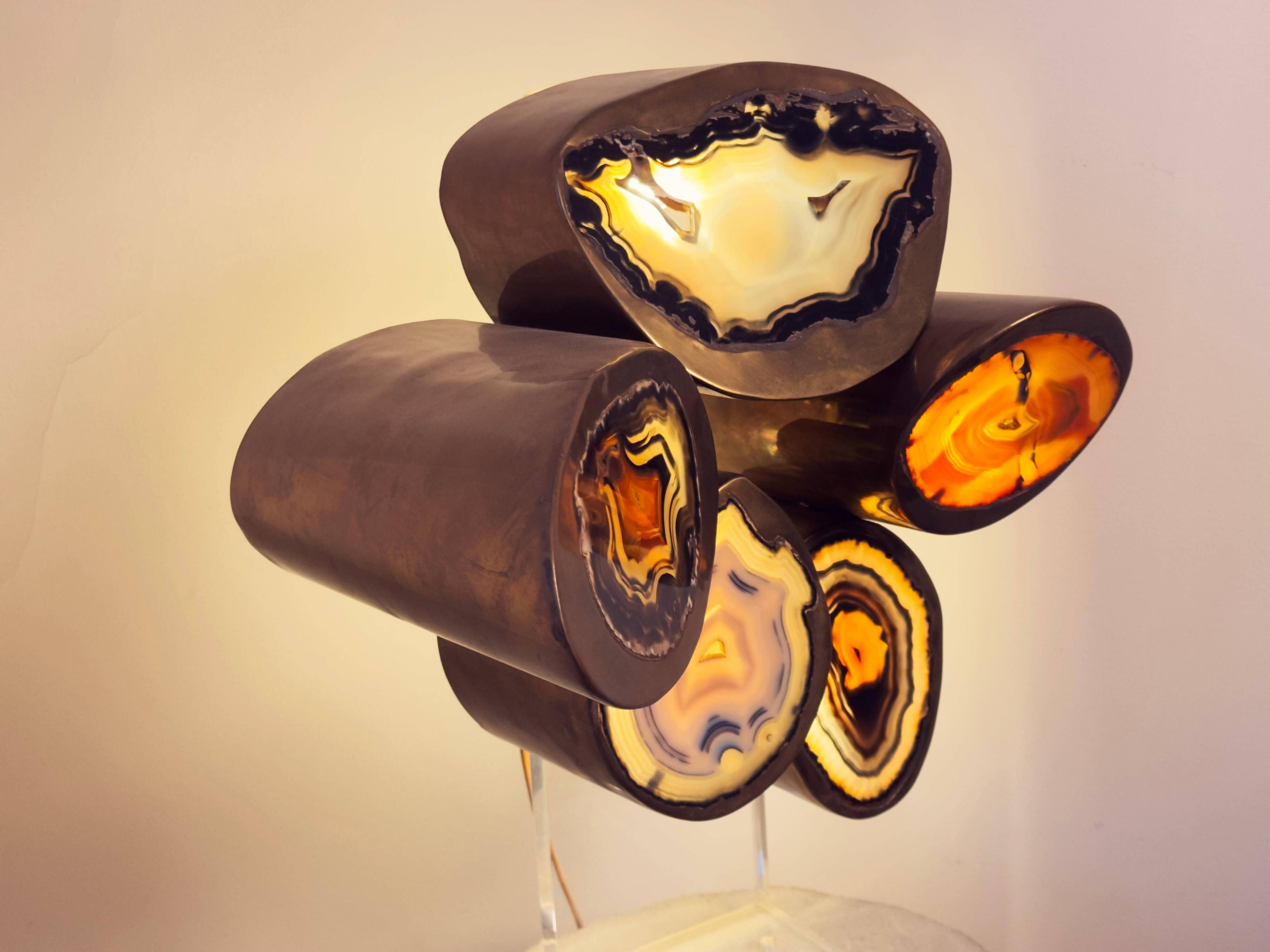 Armand Jonckers Unique Brass and Agate Table Lamp, Belgium, 1970s