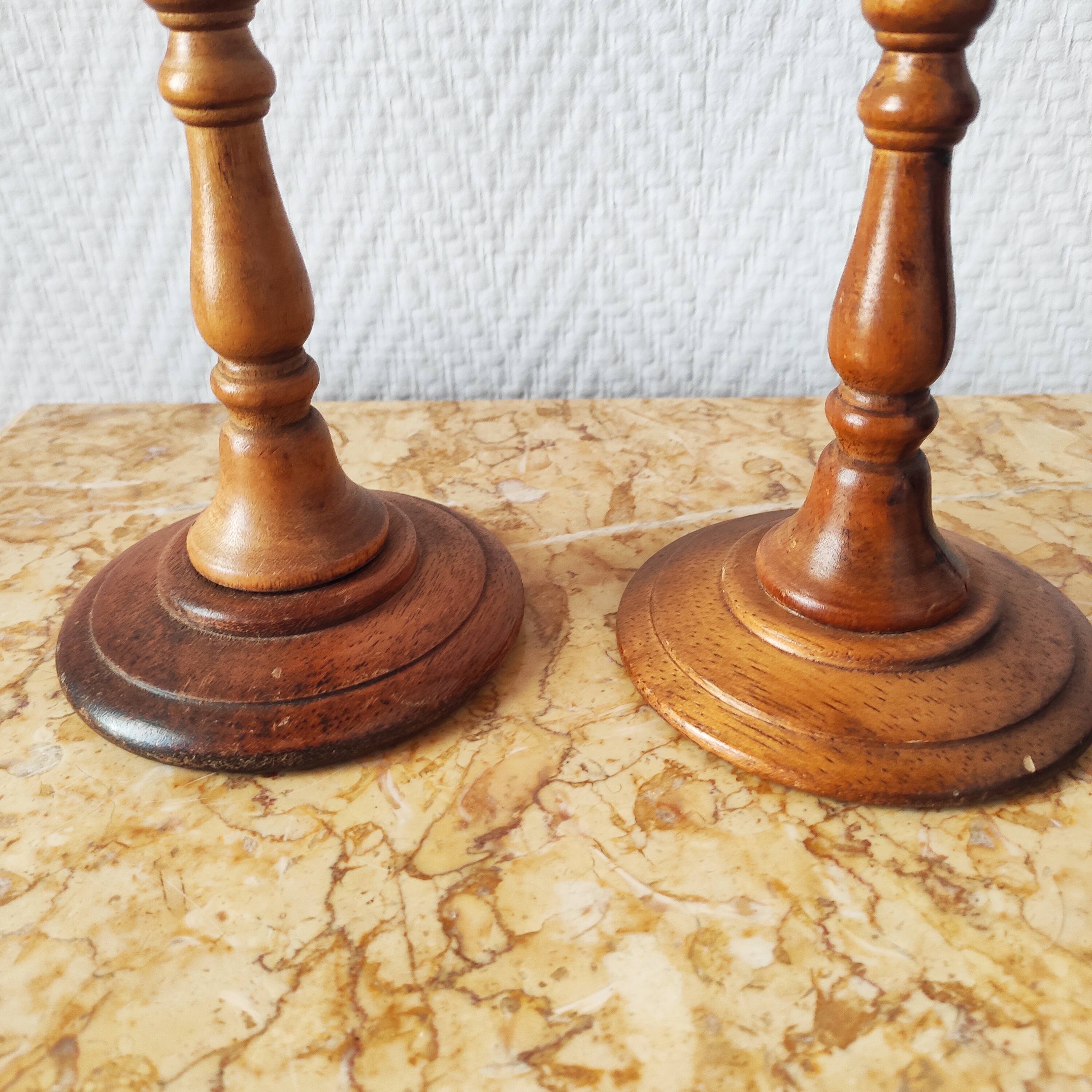 Pair of vintage turned wooden candlesticks