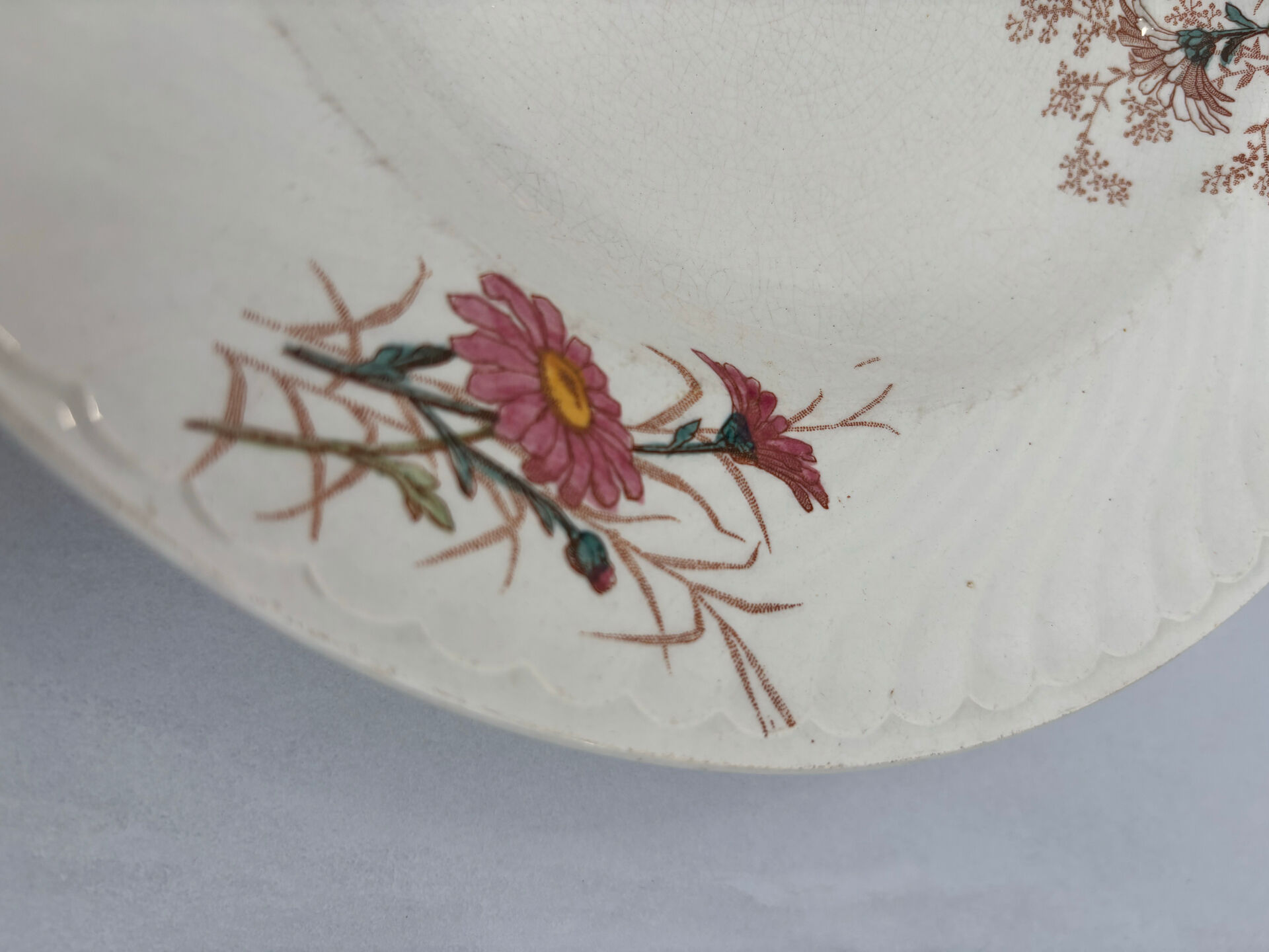 Old hollow plate, pink polychrome ironstone, KG Luneville model.