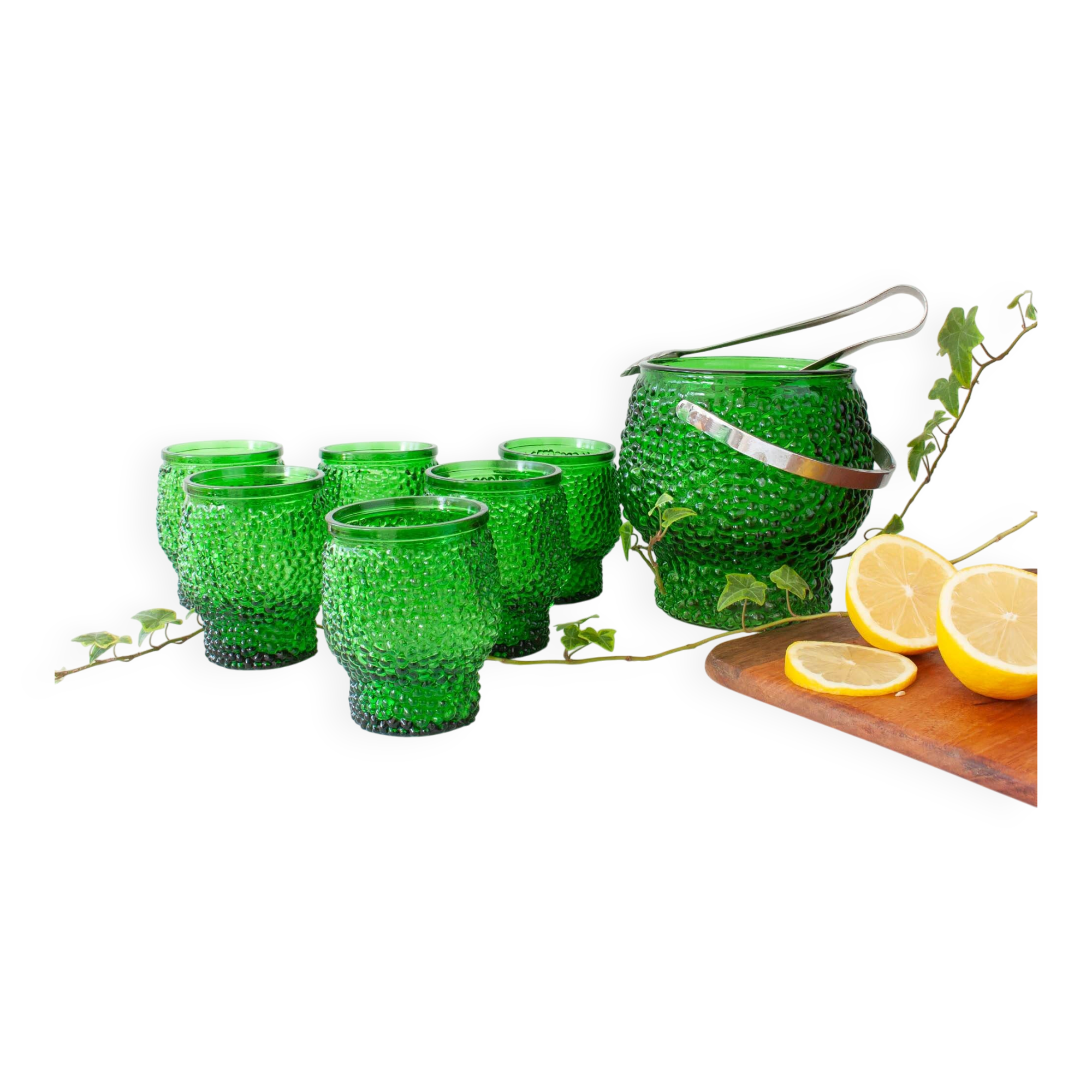 Vintage Green Set of 6 Cocktail bubble glasses, ice bucket and ice clamps
