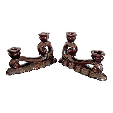 Pair of Art Deco candlesticks in glazed ceramic