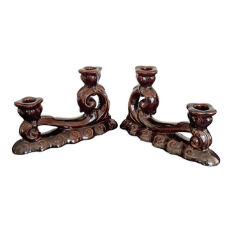 Pair of Art Deco candlesticks in glazed ceramic