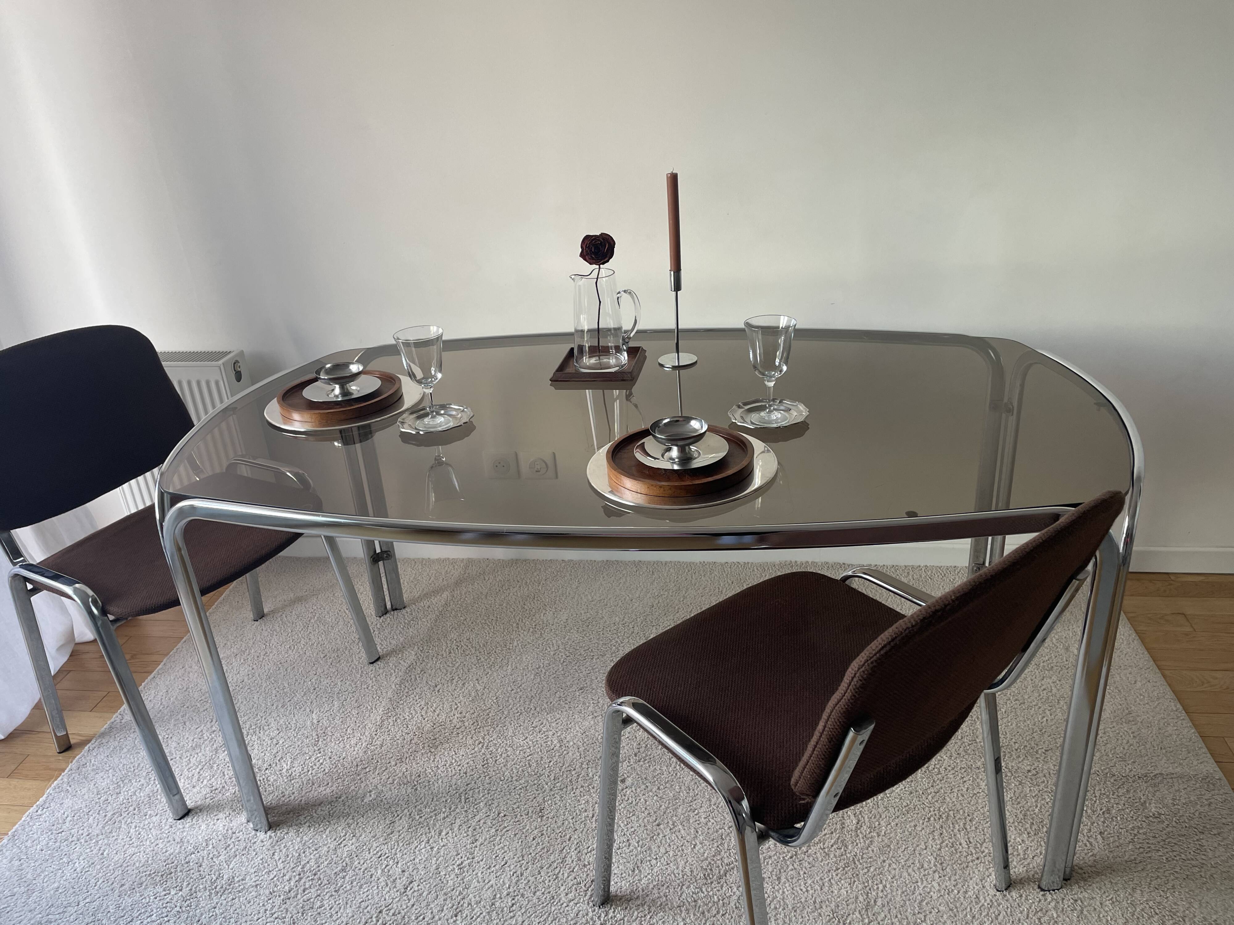 Space age dining table in smoked glass & chrome