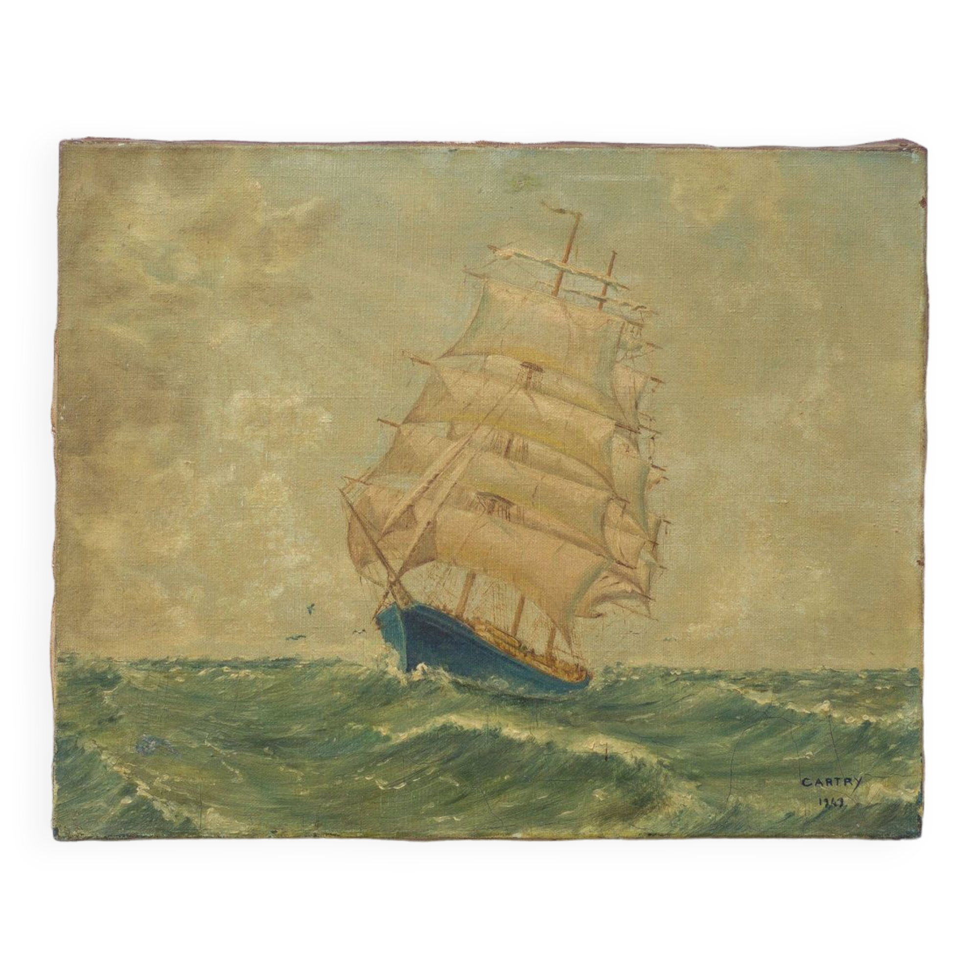 Signed marine painting, oil painting, ship at sea, wall decoration, 40's