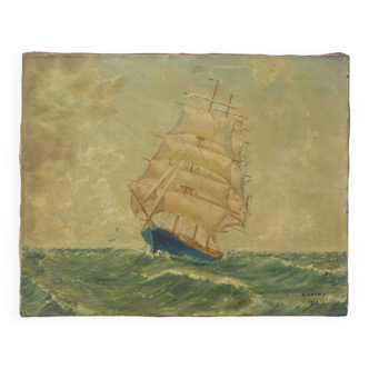 Peinture marine signée, peinture à l'huile, navire en mer, décoration murale, 40's
