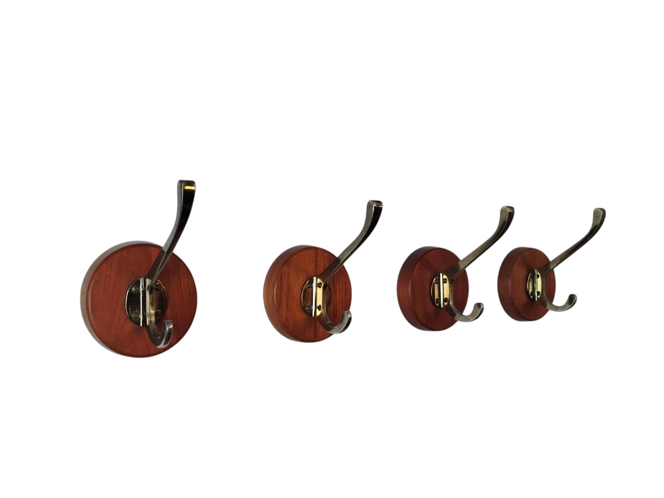 Set of 4 teak and brass coat hooks, Denmark 1960s