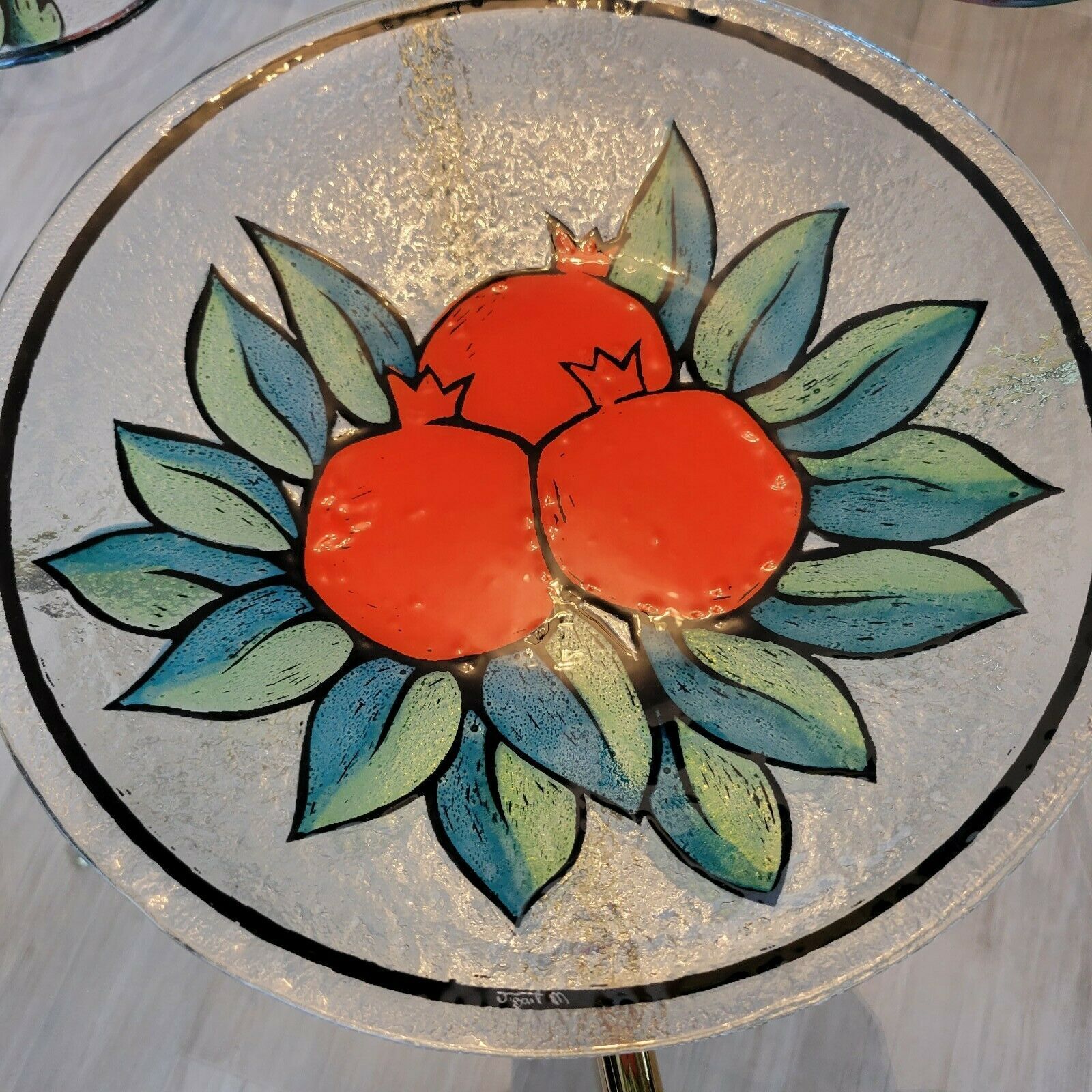 Dessert service in glass decoration fruits pomegranates signed