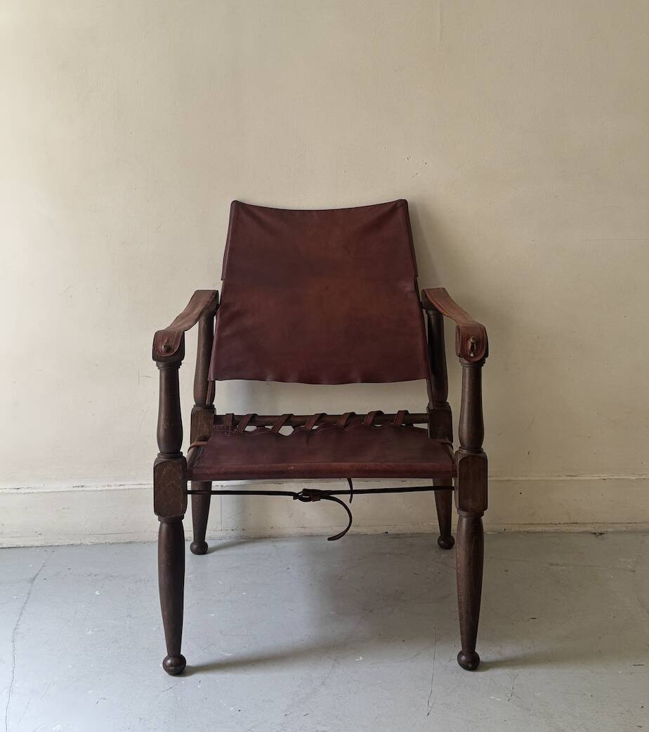 Scandinavian safari armchair in wood & burgundy leather upholstery 20th century
