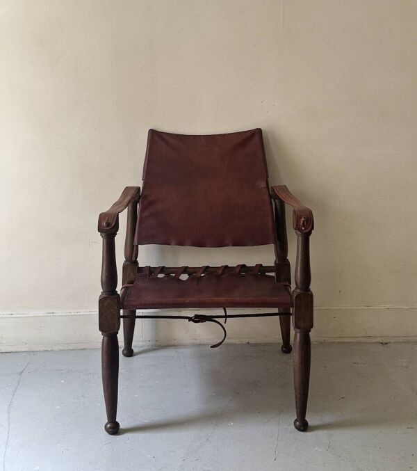 Fauteuil scandinave safari en bois & sellerie de cuir bordeaux XXeme siècle