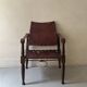 Scandinavian safari armchair in wood & burgundy leather upholstery 20th century