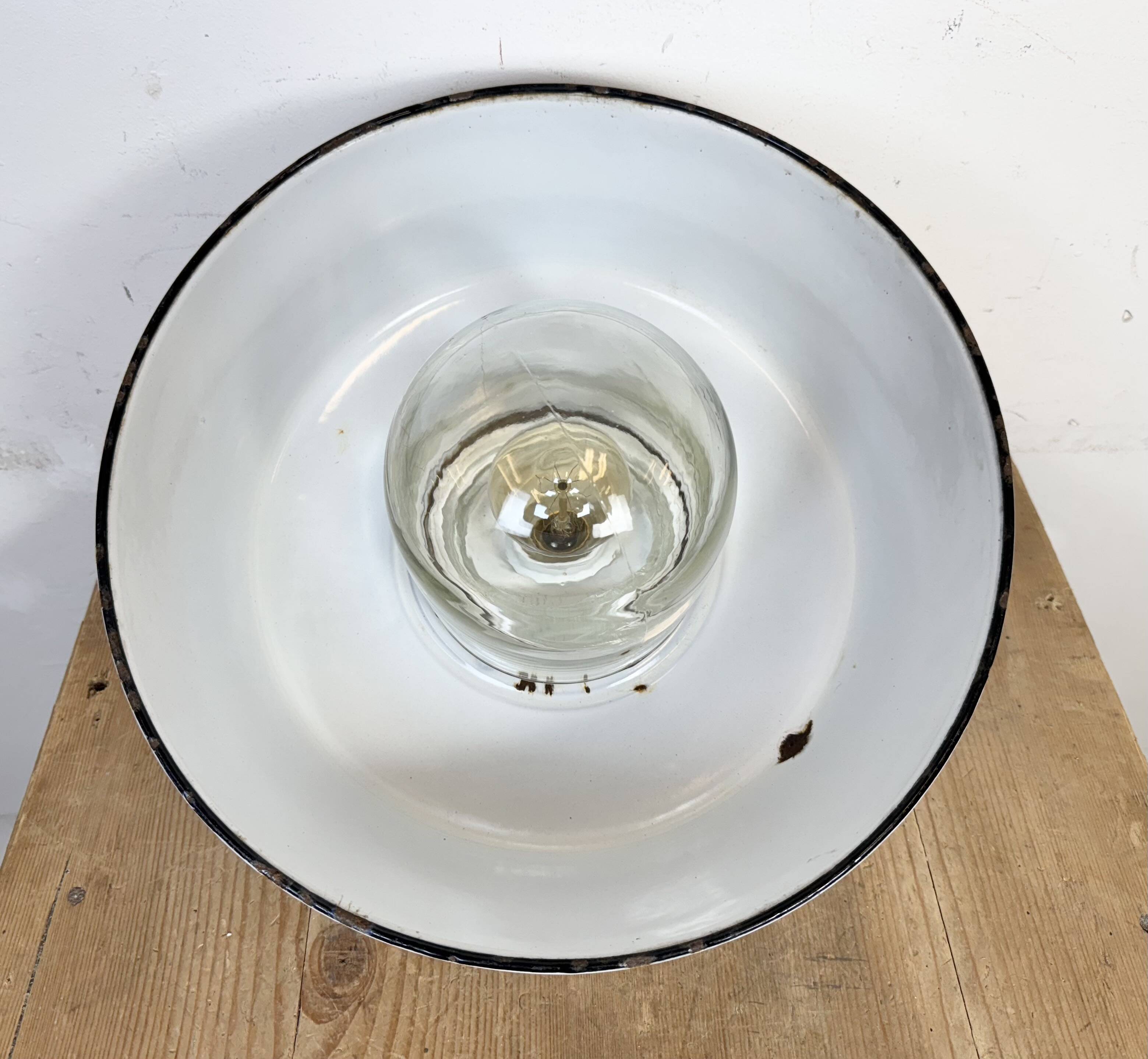 Industrial Grey Enamel Factory Pendant Lamp with Glass Cover, 1960s