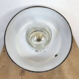 Industrial Grey Enamel Factory Pendant Lamp with Glass Cover, 1960s