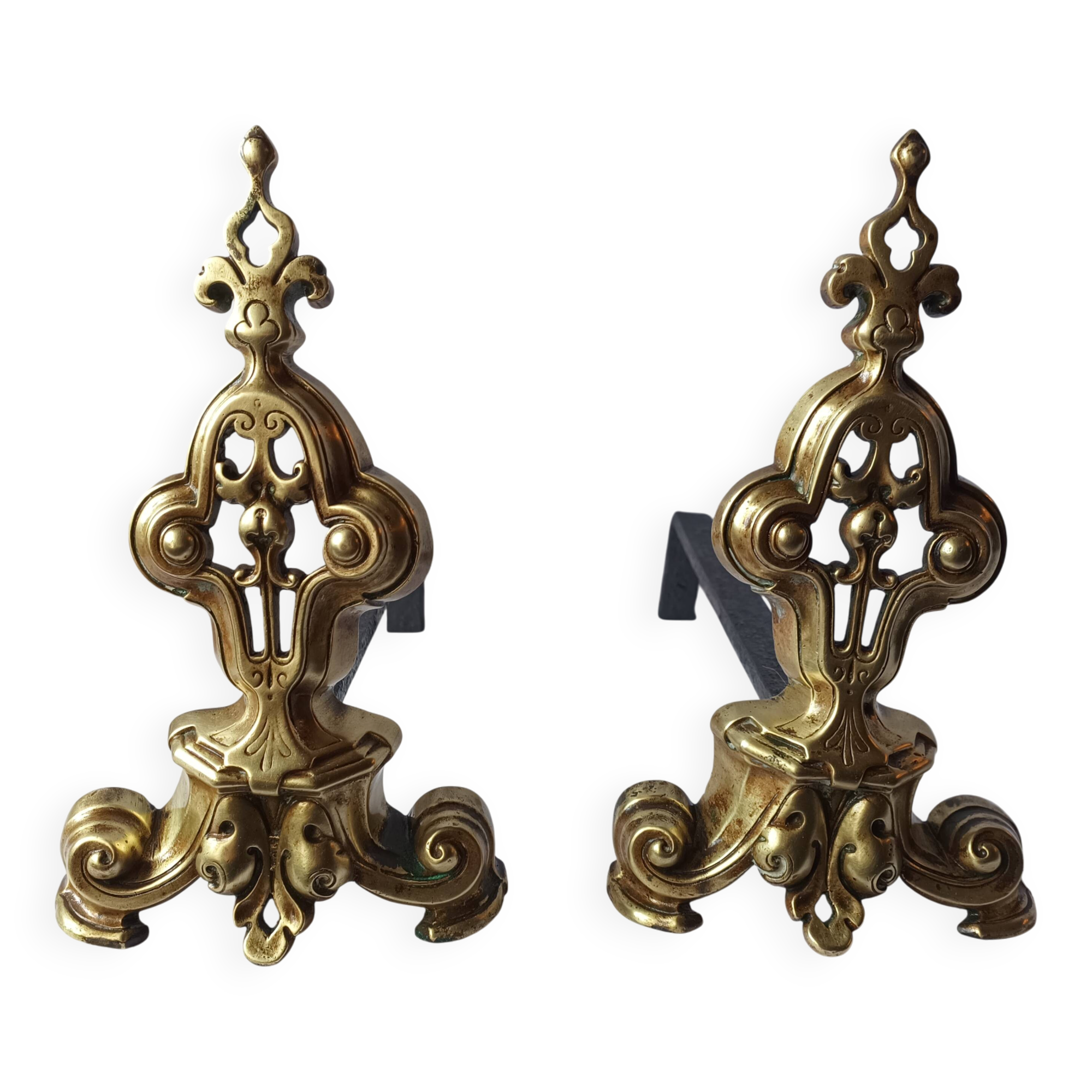 Old bronze chenets fireplace log holder pair