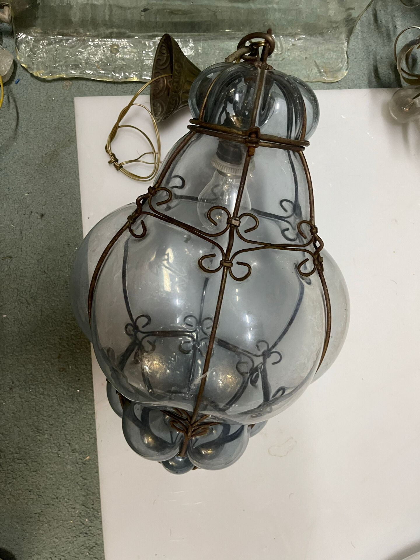 Wrought Iron Tinted Blue Murano Glass Light Pendant 1960’s