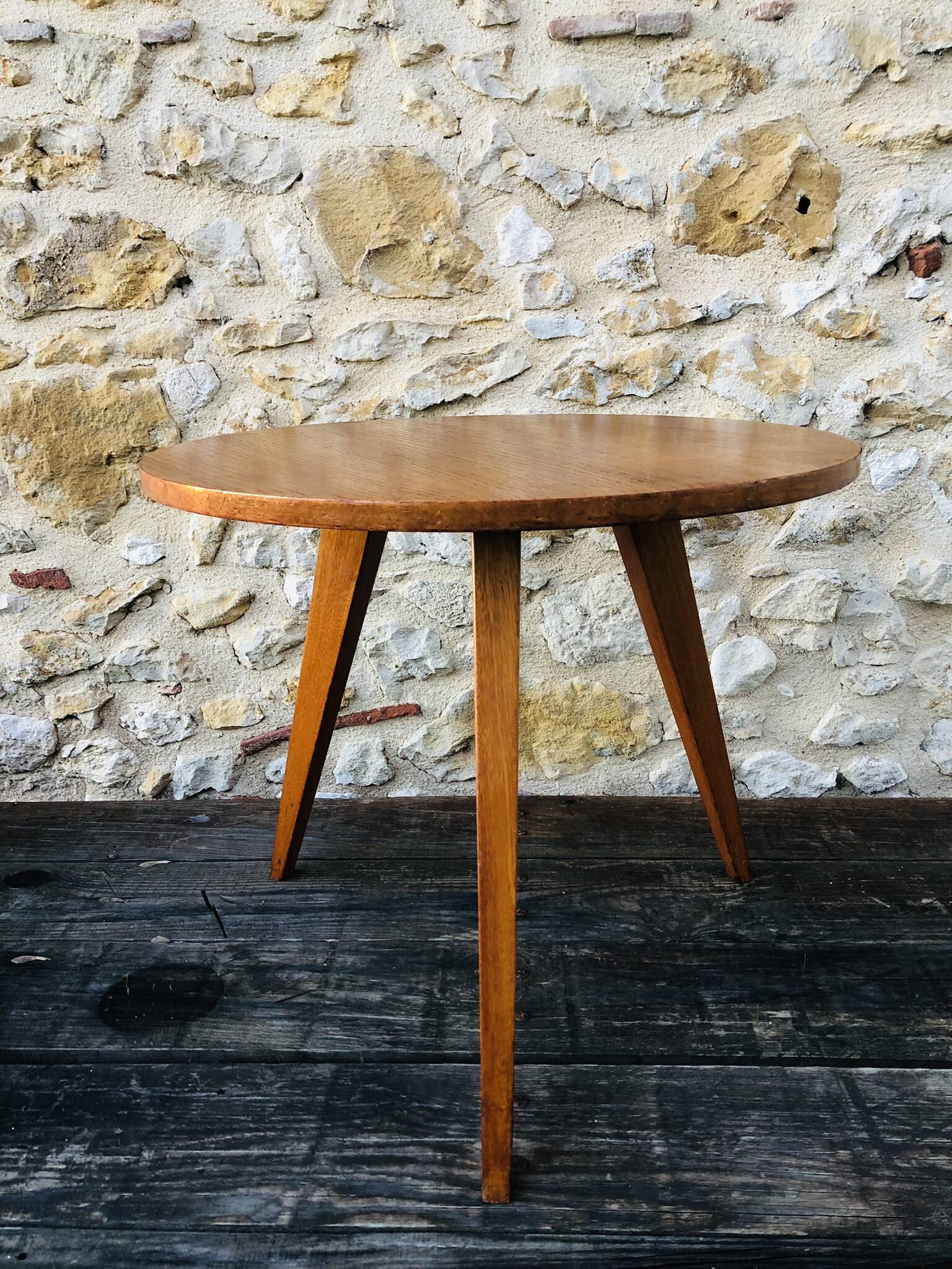Vintage round coffee table, oak tripod legs circa 60