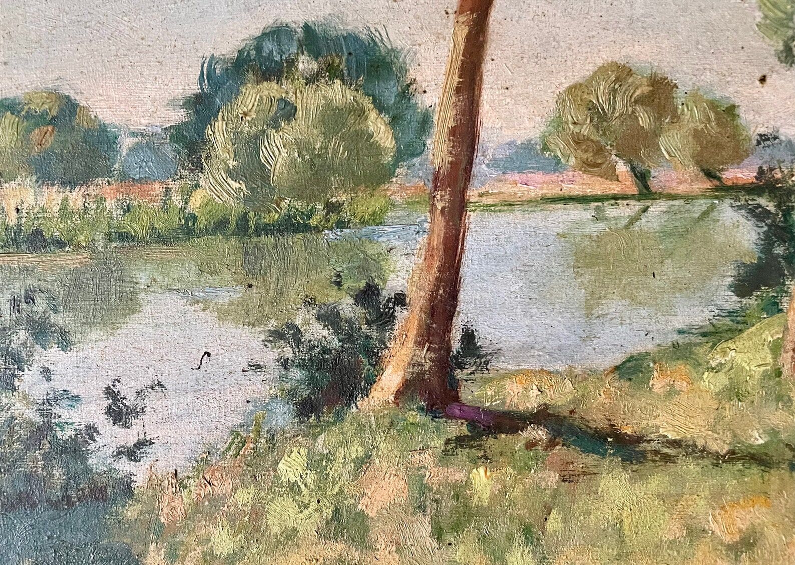 1940s French Landscape oil painting on canvas River, trees and path