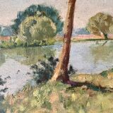 1940s French Landscape oil painting on canvas River, trees and path