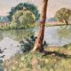 1940s French Landscape oil painting on canvas River, trees and path