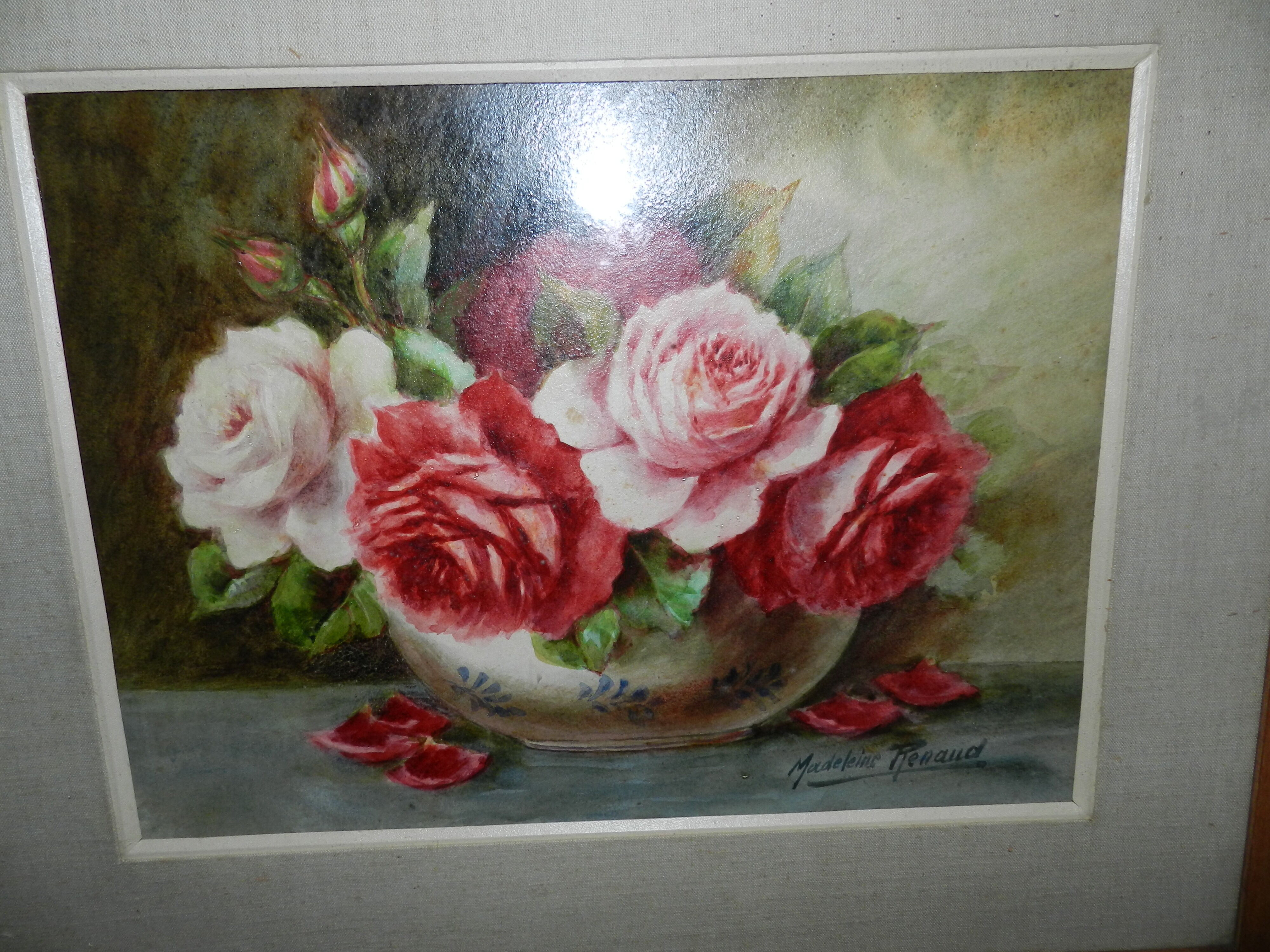 Watercolor painting framed under glass signed Madeleine Renaud