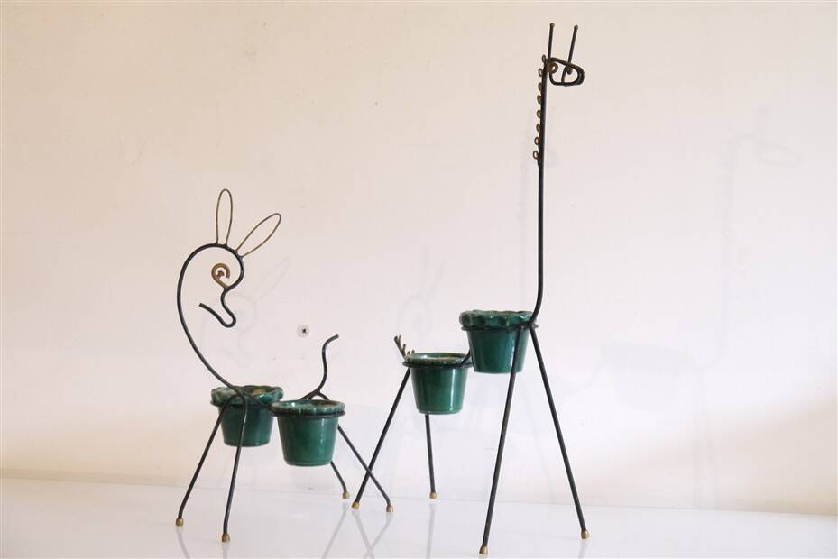 Pair of metal and ceramic plant stands