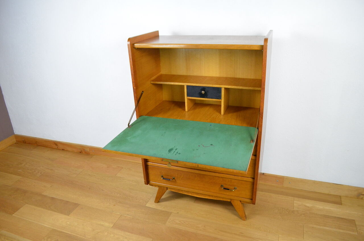 Secrétaire pieds compas & chêne doré vintage 1950