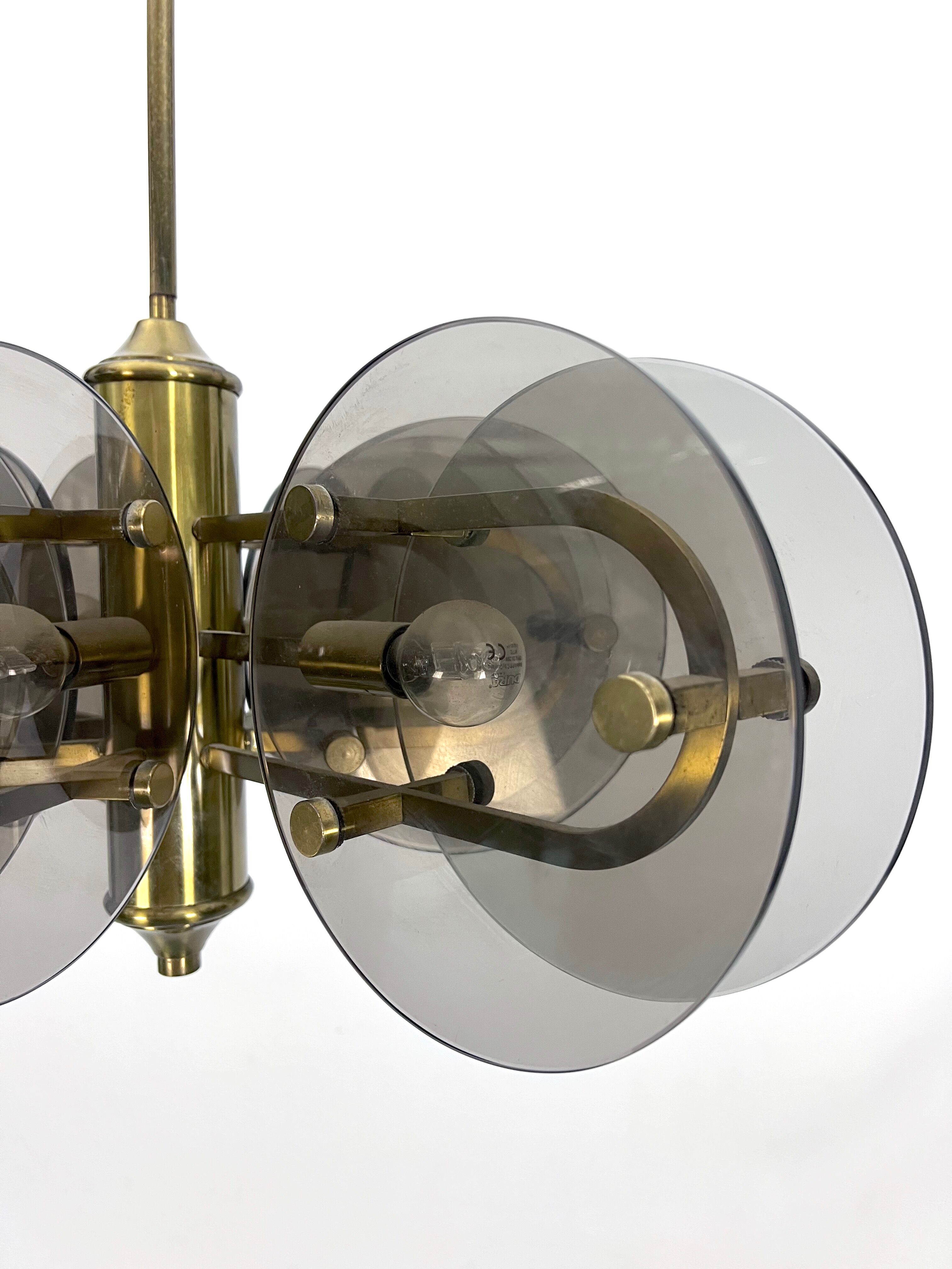 Postmodern brass and thick glass chandelier by Gino Paroldo. Italy 1970s