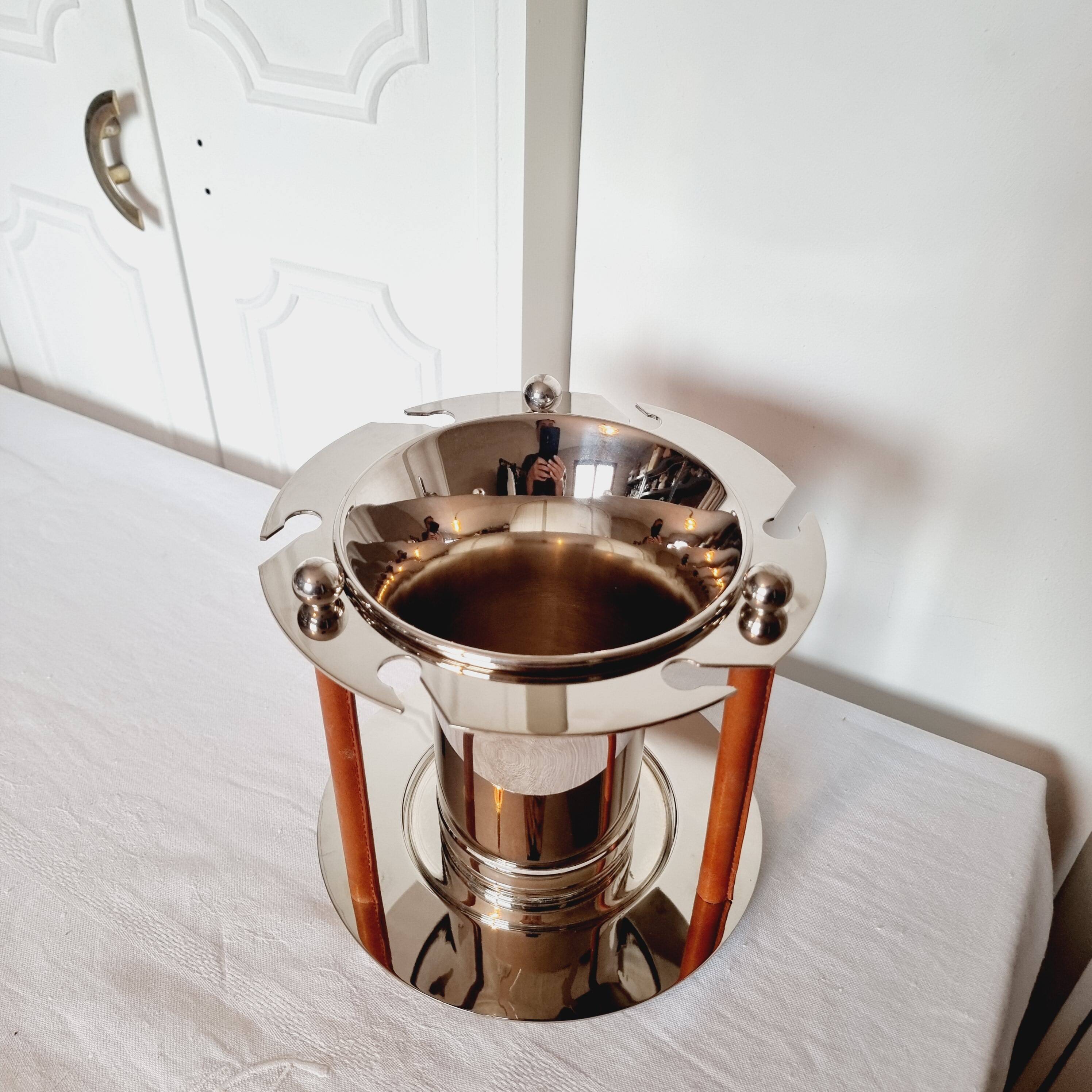 Magnifique Seau à Champagne pour 6 verres au Design Années 70 en Métal Argenté et Cuir.