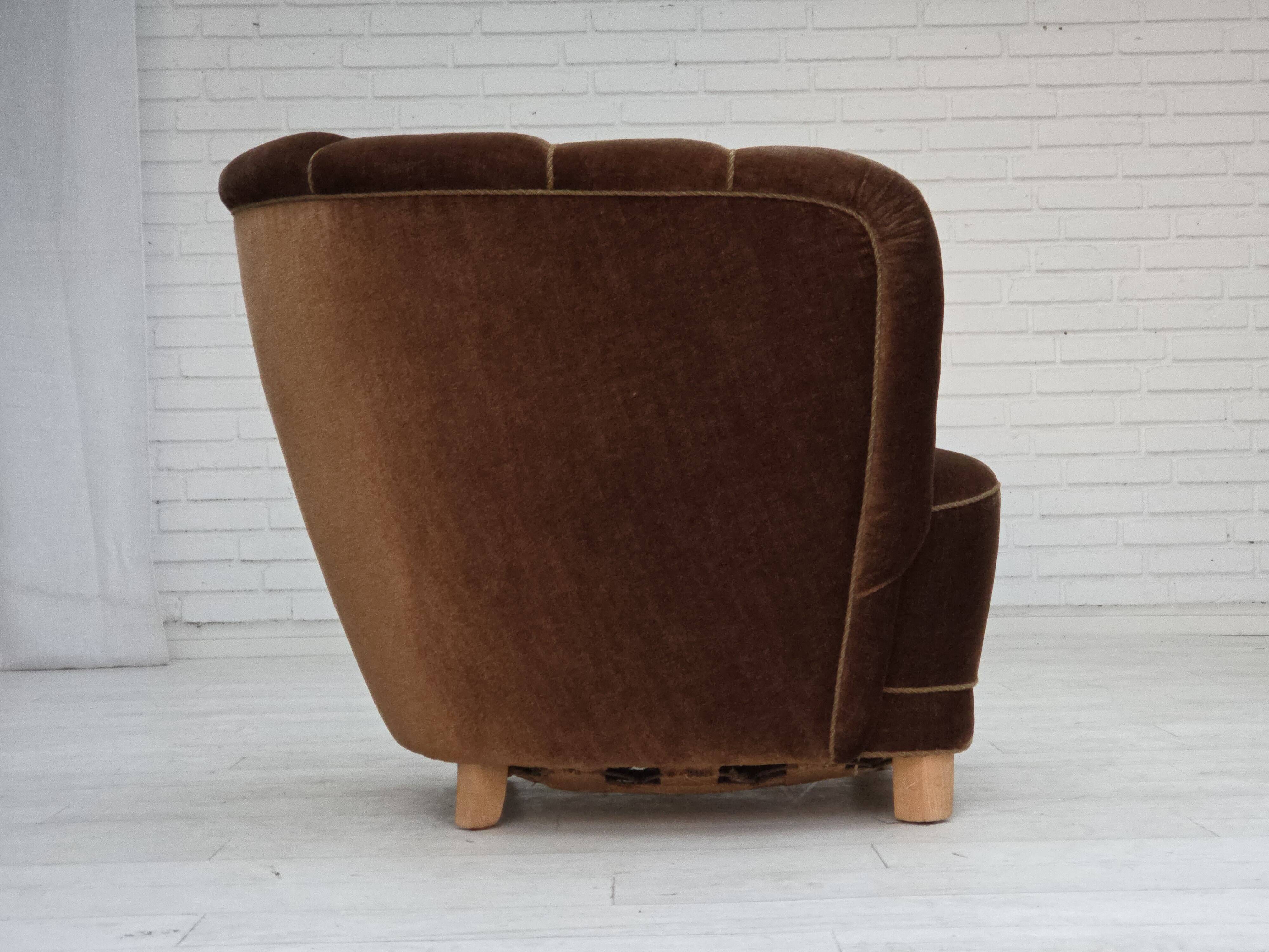 1960s, Danish curved chair, brown furniture velour.