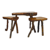 Old Brutalist tripod coffee table with 2 stools