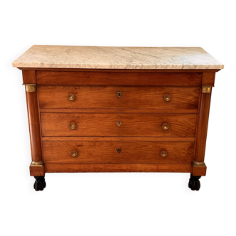 Empire commode with columns, cherry wood, white marble, claw feet, bronze.