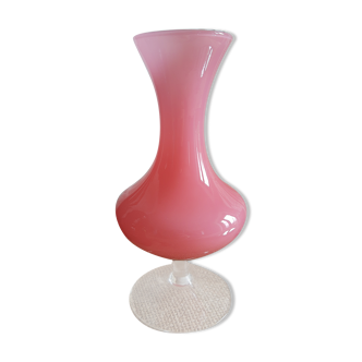 Soliflore opaline rose et pied transparent vintage