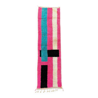 Moroccan Berber rug corridor in pink and blue wool.