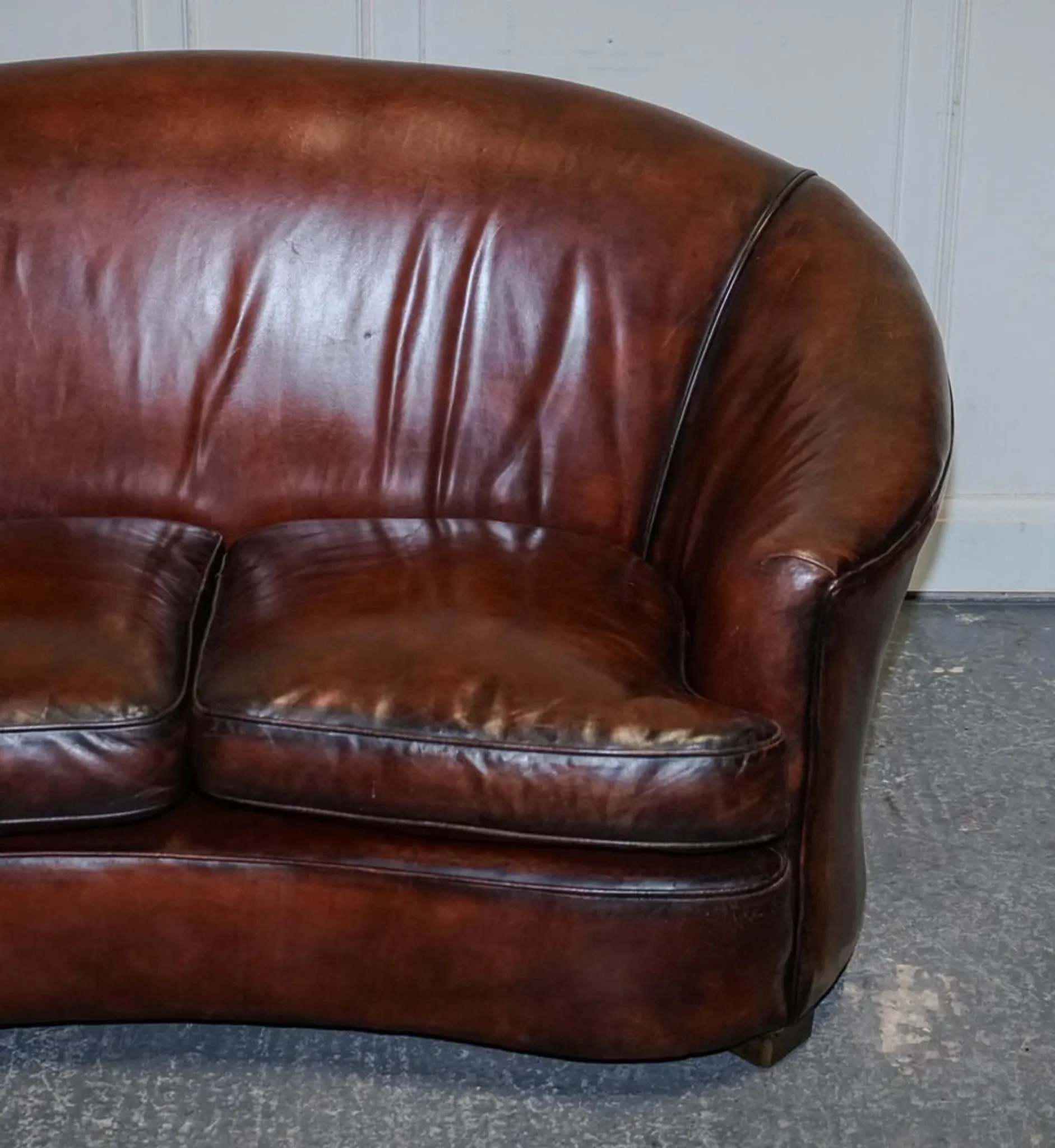 Art Deco Hand-Dyed Whisky Brown Sofa, Armchairs and Ottomans, 1920s, Set of 5