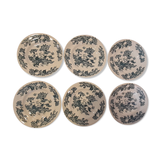 6 flat plates earthenware of longwy fimes blue decoration flowers and butterflies