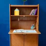 Vintage secretary bookcase from the 50s and 60s, oak with chevron marquetry.
